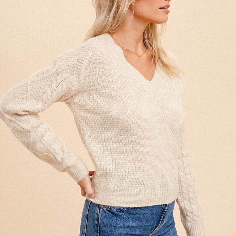 HEM & THREAD Cream Knit V-Neck Sweater, Cable Sleeve Detail with Back Tie Bow